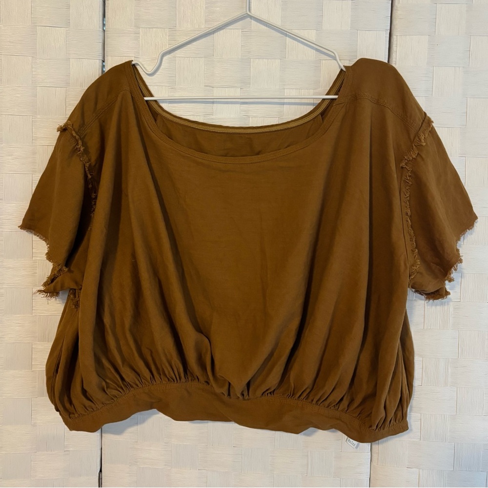 Free People Rust Frayed Sleeve Blouse